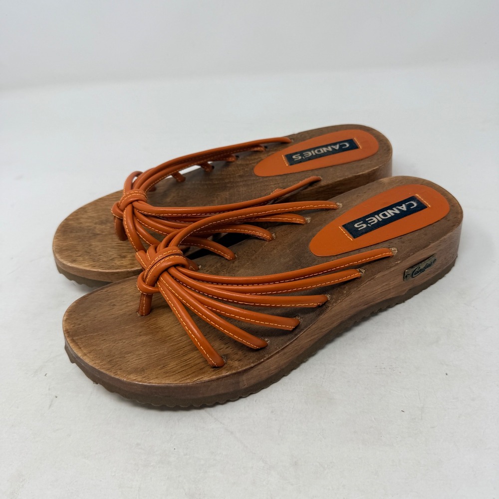 Vintage Y2K Candie's Platform Sandals Orange Size 9 Wood Boho Hippie Strappy